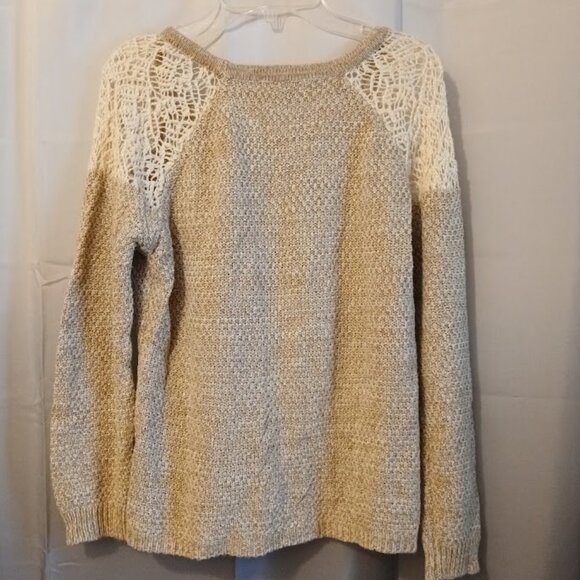 PINK ROSE Crochet Scoop neck Sweater Top S Oatmeal Beige Lace inset shoulder - Picture 5 of 8